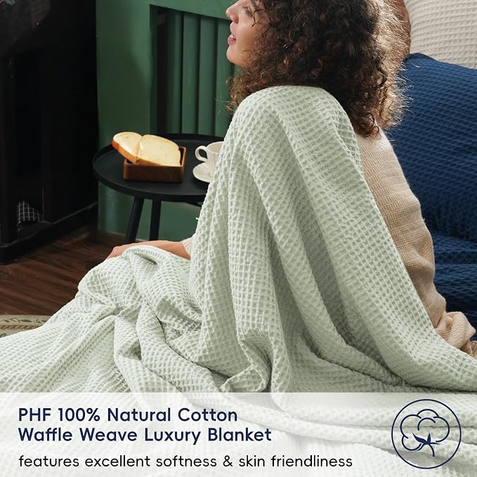 PHF Pre-Washed Cotton Waffle Weave Family Blanket,Oversized King Size 120"x 120"-Snag Proof Lightweight Breathable, 10'x 10' Huge Extra Large Big-Elegant Aesthetic Home Decoration Gift,Sage Green