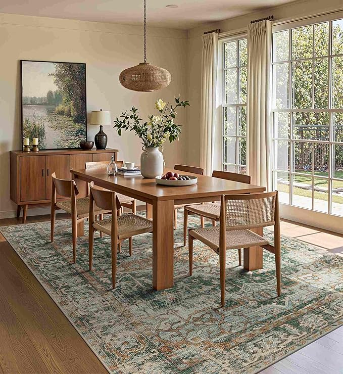 Rugxara 5x7 Area Rugs for Living Room Bedroom, Washable Rug, Green Vintage Retro Boho Rug, Non Slip & Low Pile Faux Wool Thin Carpet for Indoor Dining Room and Kids Room(Green/Brown 5x7ft)