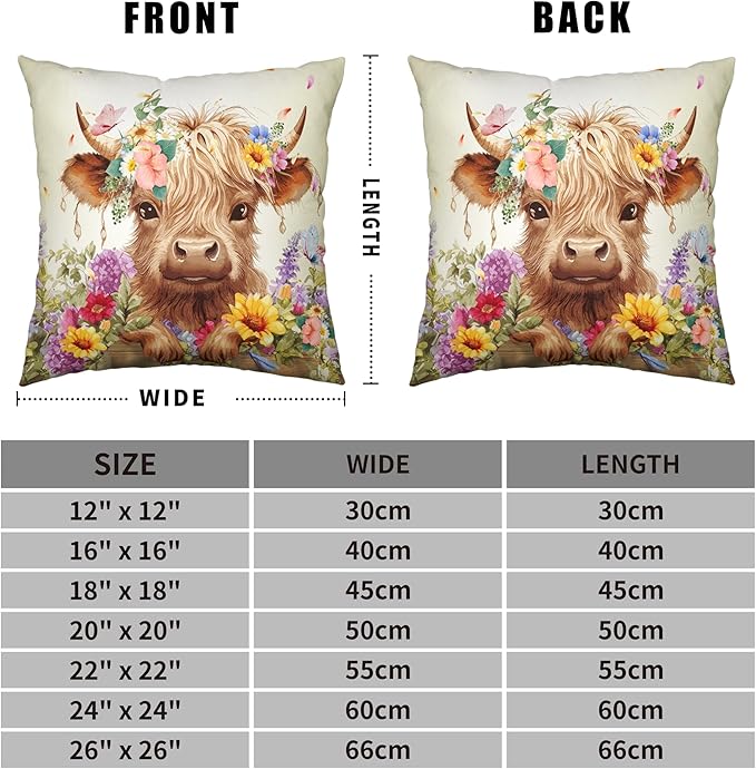 Highland Cow Pillow Covers 16x16 Set of 2 Cattle with Flowers Throw Pillow Covers Spring Outdoor Pillowcase Cotton Linen Farmhouse Cushion Case for Sofa Outdoor Patio