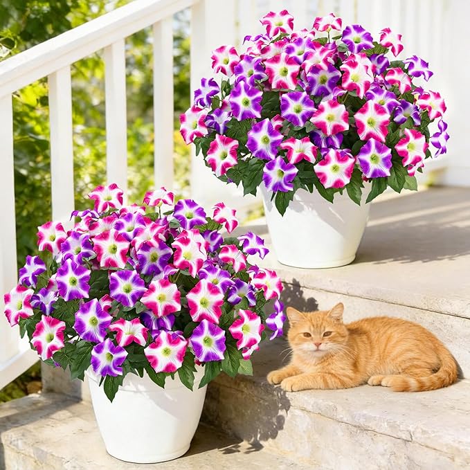 MARTINE MALL Artificial Flowers for Outdoors, 4 Bundles Realistic Fake Outdoor Flowers, UV Resistant Silk Petunia Flower for Outside Look Real Faux Flower Plants for Outdoor Porch, Fuchsia, Rose Red
