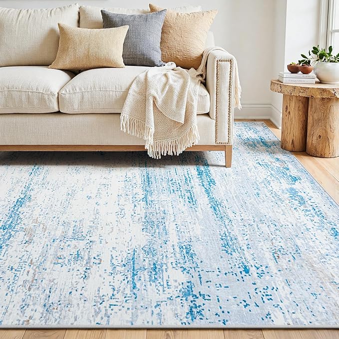 6x9 Area Rugs Washable Rug:Anti-Skid Abstract Modern Living Room Rug Soft Thin Carpets Indoor Floor Non-Shedding Carpet for Bedroom Dining Farmhouse Nursery Home Office(Light Blue/White/Beige, 6x9)