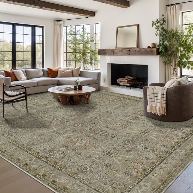 Rugxara 9x12 Area Rugs for Living Room Bedroom, Large Washable Rug, Vintage Floral Boho Rug, Non Slip & Low Pile Faux Wool Thin Carpet for Indoor Dining Room and Kids Room(Olive Brown 9x12ft)