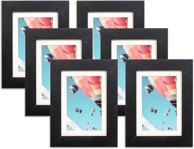 The Display Guys - Black Wooden Minimalist Picture Frames Set - Tempered Glass - 5x7 matted to 4x6 - Tabletop Easel - 6-Pack