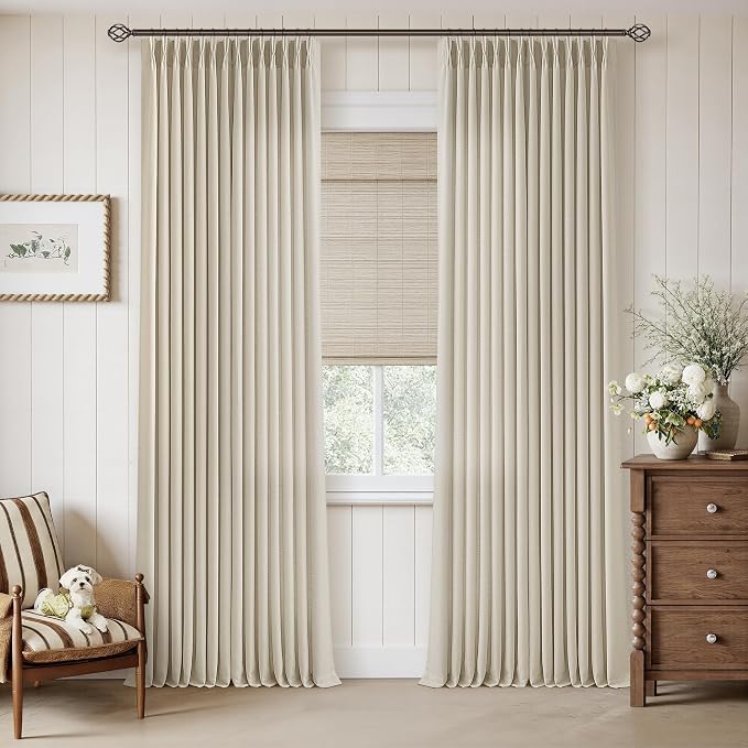 Beige Oatmeal Linen Pinch Pleated Curtains 90 Inch Length 2 Panels Set for Living Room Pinch Pleat Curtains with Back Tab Light Filtering Semi Sheer Drapes for Bedroom Dining Room Window 40x90
