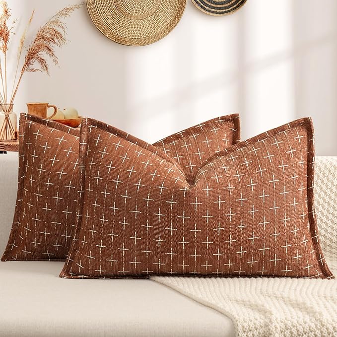 ZWJD Fall Pillow 12x20 Pillow Covers Set of 2 Soft Polyester Textured Rust Pillow Covers with Stylish Flange Edge Cozy Farmhouse Throw Pillows for Couch Bed Sofa Living Room Fall Decor