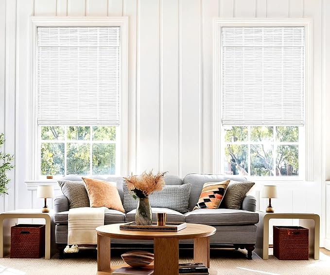 LazBlinds No Tools No Drill Cordless Bamboo Roman Shades, Light Filtering Window Treatment, Roll Up Bamboo Blinds for Windows 46'' W x 64'' H, Whitewash T