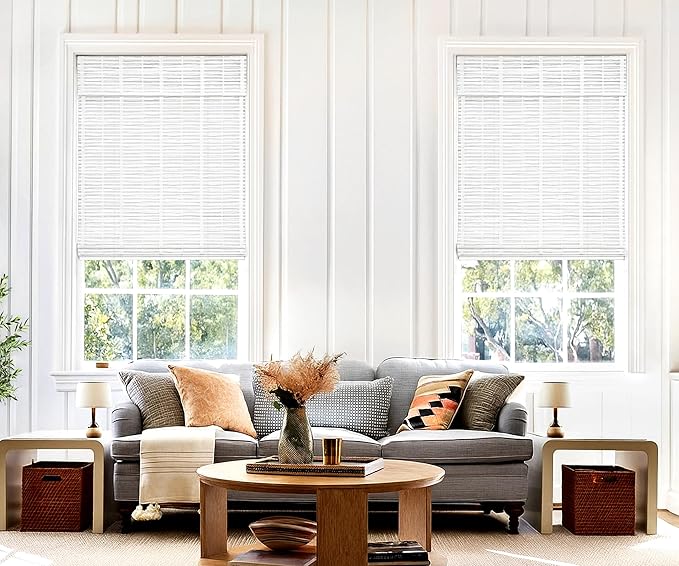 LazBlinds No Tools No Drill Cordless Bamboo Roman Shades, Light Filtering Window Treatment, Roll Up Bamboo Blinds for Windows 46'' W x 48'' H, Whitewash T