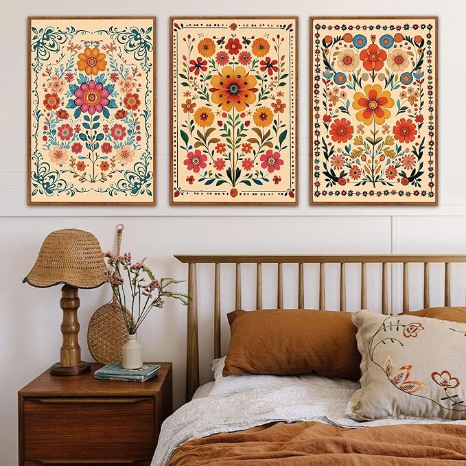 HOURIA 3Pcs Framed Mexican Floral Canvas Wall Art (24"x36"), Abstract Orange Botanical Latin Folk Wall Decor, Vintage Mid Century Modern Tropical Flower Art Print for Office Farmhouse Bedroom