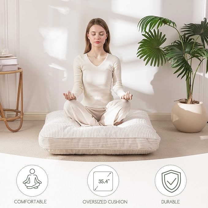 HIGOGOGO 35" Floor Pillow Cushion for Adults, Meditation Cushion Pillow, Extra Large Square Floor Sitting, Tufted Corduroy Cover for Tatami Living Room or Yoga, Beige