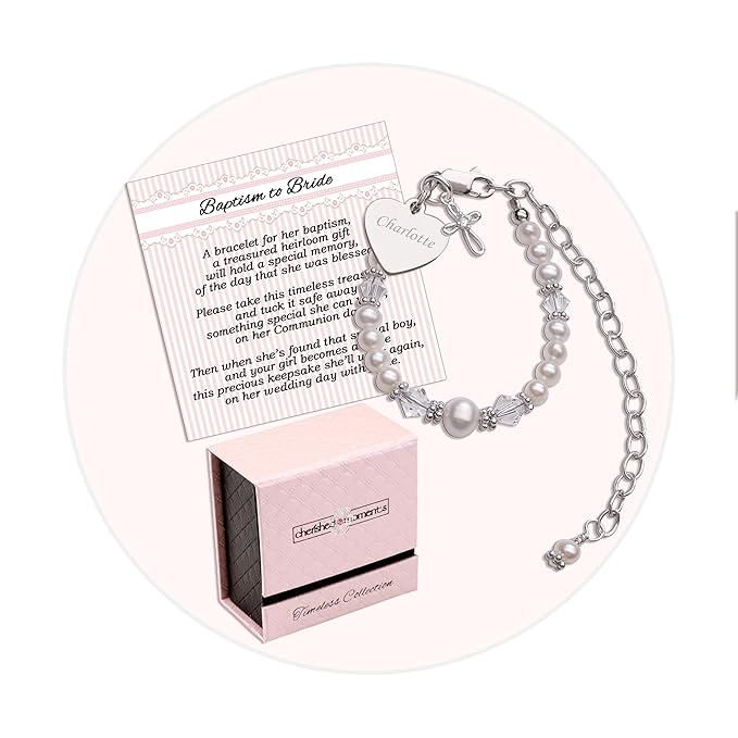 Cherished Moments Personalized Baptism to Bride Cross Bracelet Gift for Girls with Engraved Heart in 925 Sterling Silver and Cultured Pearl