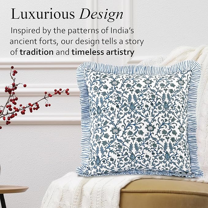 CPC Ocean Vine Hand Block Print 100% Cotton Ruffle Throw Pillow Cover 24x24 inch with Hidden Zipper Decorative for Couch, Bed, Sofa, Farmhouse, Cottagecore Decor Gift Christmas Fall Thanksgiving