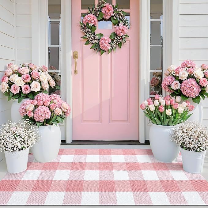 OLANLY Buffalo Plaid Rug 2' x 4'3" – Pink and White Cotton Checkered Doormat, Washable Indoor Outdoor Rug for Layered Front Porch, Kitchen, Entryway Decor