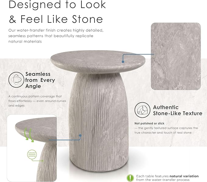 24/7 Shop at Home Ranera Modern 17-inch Natural Stone Side Table with Round Pedestal Base, Marble Nightstand, Fluted Patio End Table, for Living Room, Covered Outdoor Spaces, Light Gray Travertine