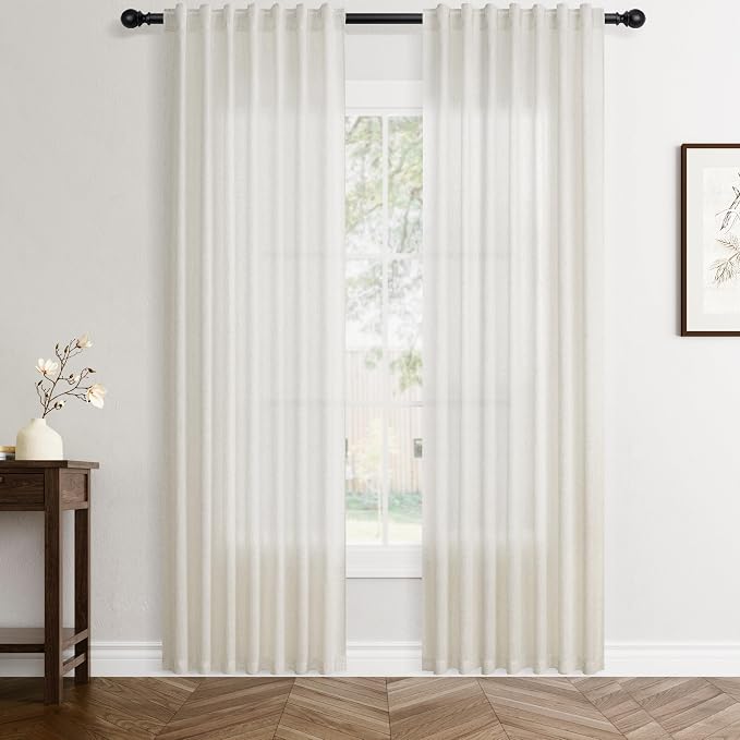 Jowels Natural Linen Curtains 82 Inch Long 2 Panels for Living Room | Ivory Light Filtering Sheer Curtain,Back Tab Pocket Pleated Look,Modern Farmhouse Textured Privacy Drapes for Bedroom Window