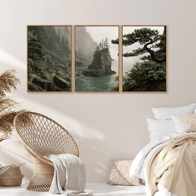 Rantodecor Coastal Forest Framed Canvas Wall Art, Pacific Northwest Coast landscape Wall Decor, Nature PNW Mountain Sea Art Paintings, Sage Green Pine Artwork for Bedroom Living Room Office 24"x36"x3