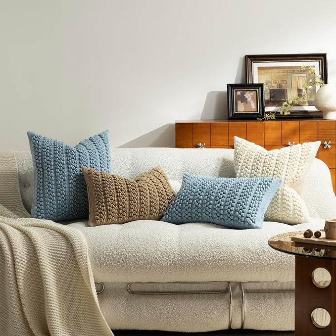 DEZENE Wool Boucle Lumbar Pillow Cover Premium Chic Accents Rectangular Textured Decorative Throw Pillow Case for Living Room Couch Sofa Home Decor 12"x20" Blue