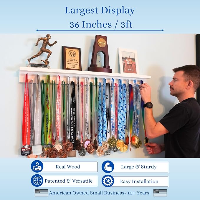 MedalAwardsRack 3ft- Ultimate Medal Hanger Display and Trophy Shelf - Multi-Sport Trophy and Medal Holder for Medal Display, Plaques, Pictures, Trophies and more. Solid Wood - Large 36" - Walnut