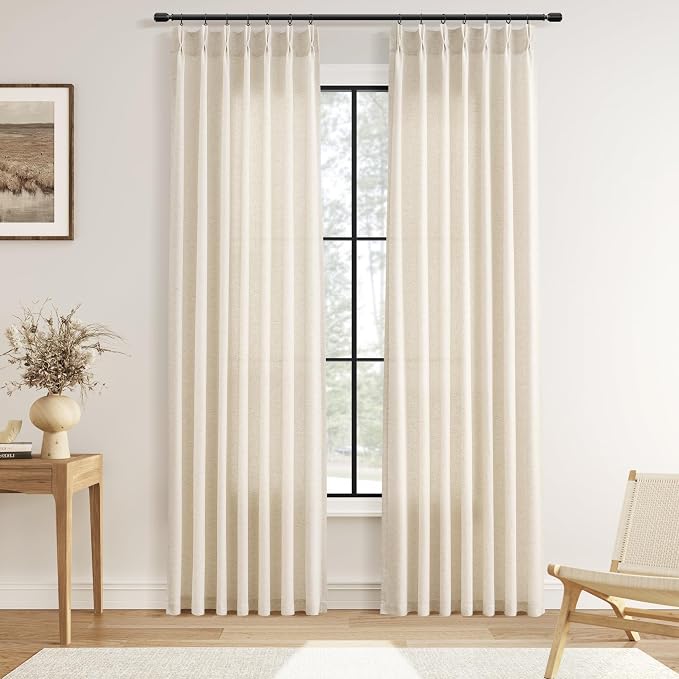 Pinch Pleated Linen Curtains 86 Inch Length 2 Panels Set for Living Room Bedroom Cream Natural Boho Farmhouse Semi Sheer Light Filtering Back Tab Pleated Drapes with Hooks Rings Beige Ivory 40x86