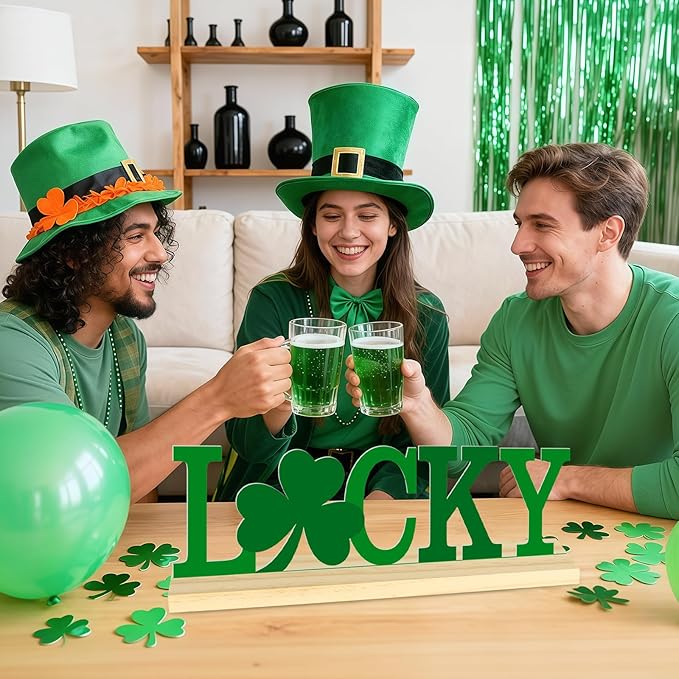 Metal St. Patrick’s Day LUCKY Table Sign, St. Patrick’s Day Tabletop Decoration with Wood Base, Green Shamrock Holiday Centerpiece Sign Decor for Home, Office, Shelf, Mantel Party Supplies