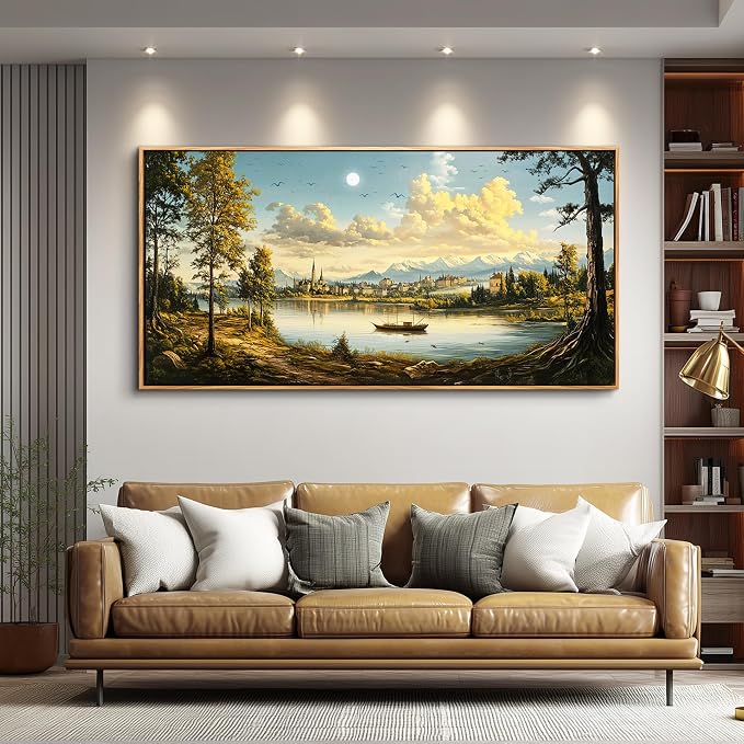 XIGUANGART Landscape Wall Art, Nature Wall Art, Large Framed Wall Decor, Riverside Farm Canvas Art Prints,Vintage Rustic Farmhouse Wall Decor Paintings for Living Room Bedroom Bathroom Kitchen 20"X40"