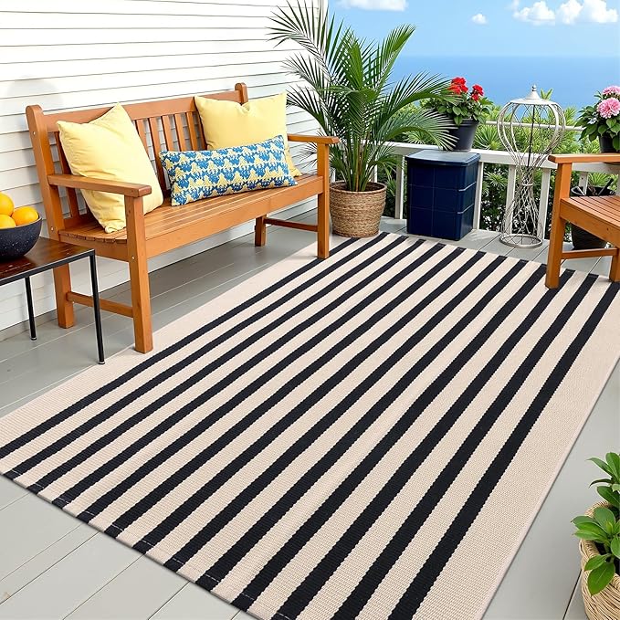 OLANLY Beige and Black Striped Rug 4' x 6' – Washable Cotton Doormat for Indoor Outdoor Use, Layered Front Porch Rug for Entryway, Kitchen, Patio