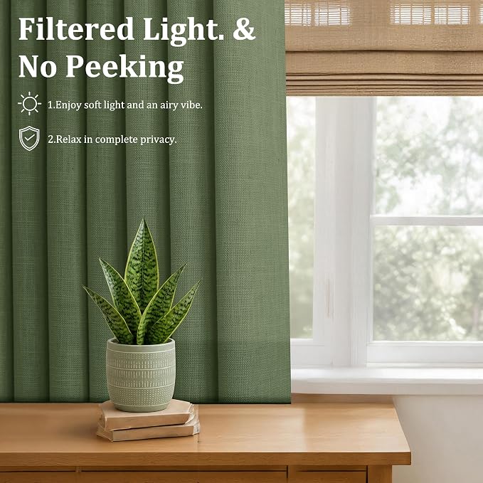 Pinch Pleated Linen Curtains 90 Inch, 2 Panels Premium 400GSM Memory Trained Semi Sheer Light Filtering Window Drapes for Living Room Bedroom Dining, Back Tab & Adjustable Hooks Rings, Olive Green