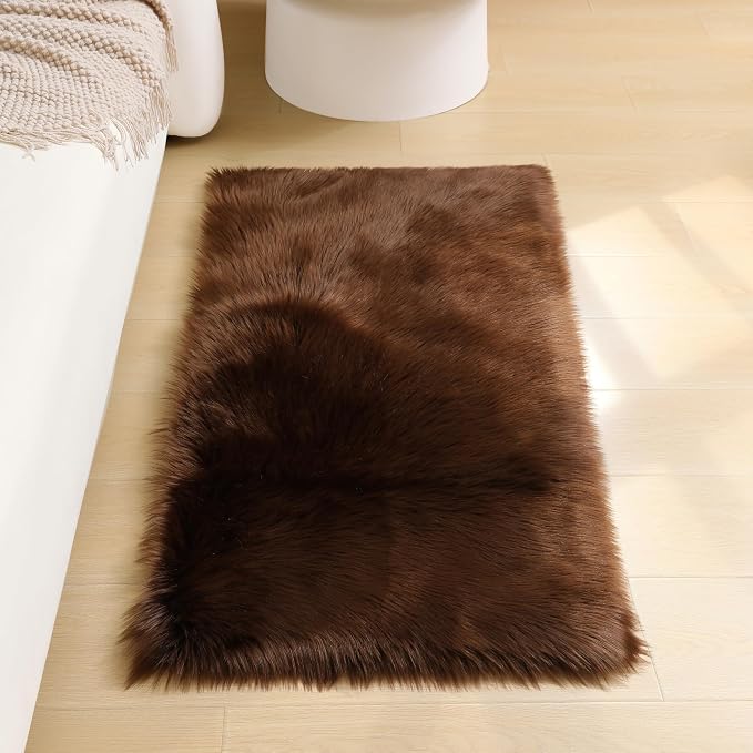 Faux Fur Rug Fluffy Sheepskin Area Rug,Ultra Soft Shaggy Plush Rug Bedroom Living Room Sofa Floor Kids Room Bedside（2 x 4 ft Rectangle Coffee）