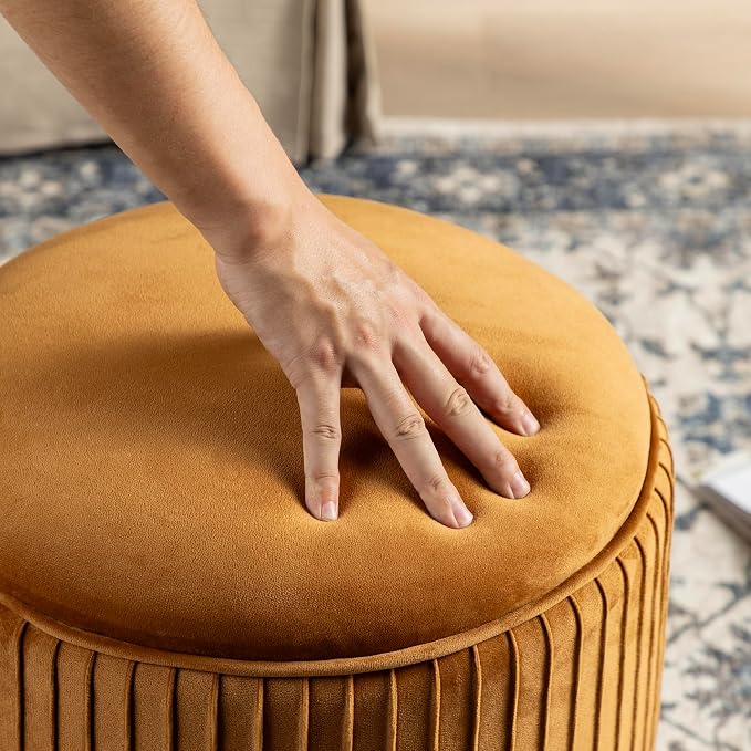 Glitzhome Round Ottoman with Storage Set of 2 Vanity Stool Foot Rest with Removable Lid Modern Upholstered Velvet Storage Ottoman Stool for Living Room and Dorm, Brown