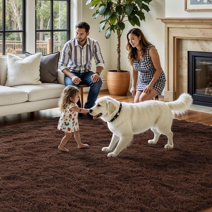 FinRèc 9x12 Rugs for Living Room Bedroom, Dark Brown Fluffy Shaggy Area Rug, Non-Slip Soft Shag Rug for Nursery Kids Room Dorm Room Home Decor, Indoor Plush Floor Carpet