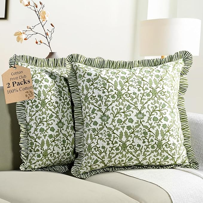 CPC Meadow Vine Hand Block Print 100% Cotton Ruffle Throw Pillow Cover 24x24 inch with Hidden Zipper Decorative for Couch, Bed, Sofa, Farmhouse, Cottagecore Decor Gift Christmas Fall Thanksgiving