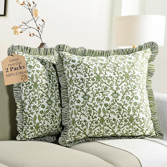 CPC Meadow Vine Hand Block Print 100% Cotton Ruffle Throw Pillow Cover 24x24 inch with Hidden Zipper Decorative for Couch, Bed, Sofa, Farmhouse, Cottagecore Decor Gift Christmas Fall Thanksgiving