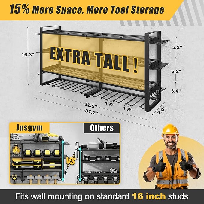 Jusgym Power Tool Organizer Wall Mount |450lbs Garage Storage Rack with 8 Cordless Drill Holder |4-Tier 32''W Heavy Duty Tool Storage Rack for Garage Organization |Gift for Men