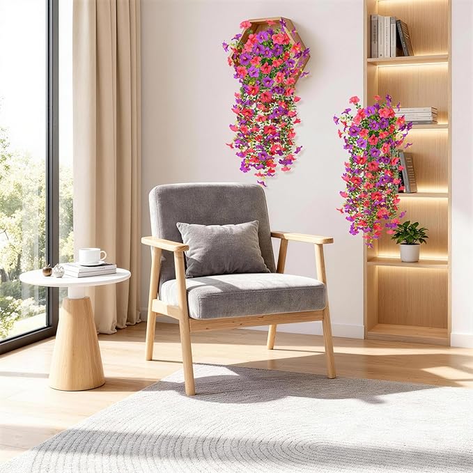 Artificial Fake Flowers Plants for Outdoor Spring Summer Decoration,2 PCS Faux Silk Morning Glory with Eucalyptus Leaves,UV Resistant Realistic Outdoor Flowers for Balcony Porch Patio Yard Garden