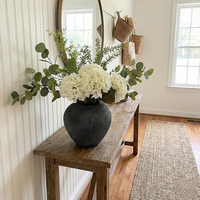 Faux Arrangement - Eucalyptus & White Hydrangea Flowers, Large Artificial Floral Greenery Centerpieces for Tables, Modern Farmhouse Decor for Dining Room, Kitchen & Coffee Table, 30 inches Tall