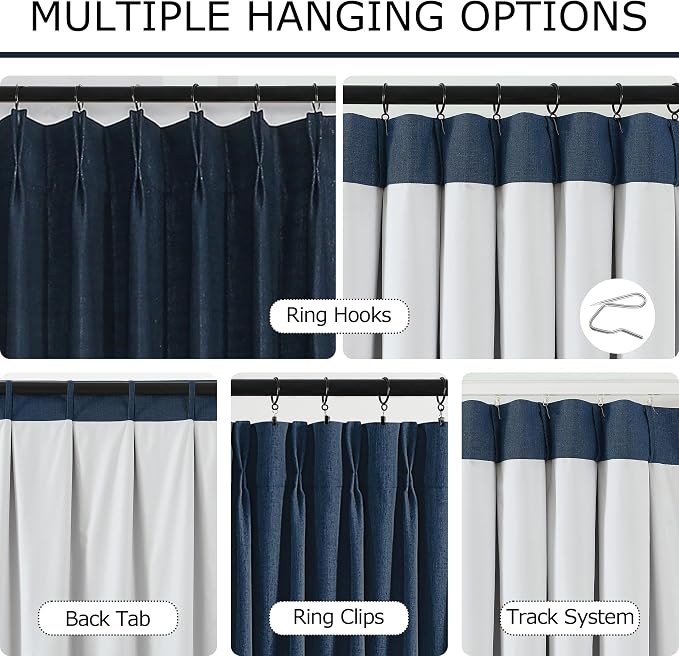 Vision Home Navy Blue Pinch Pleated Full Blackout Curtains Linen Blended Room Darkening Curtain Panels 102 inch for Living Room Bedroom Thermal Insulated Pinch Pleat Drapes with Hooks 40" Wx102 Lx2