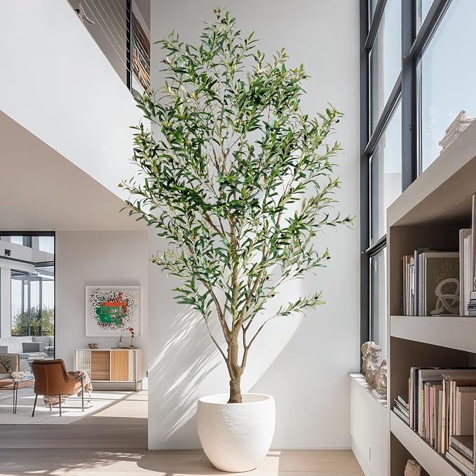 8FT Artificial Olive Tree with Realistic Leaves & Natural Trunk, Faux Silk Olive Plant in White Planter, Tall Fake Tree for Modern Home Office Living Room Entryway Corner Decor, Maintenance Free