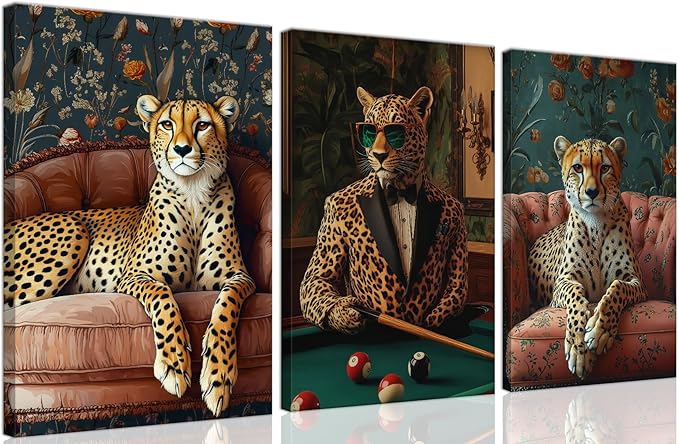Cheetah Wall Art Set of 3–Cool Animal Canvas Poster Prints with Stylish Leopard in Suit and Lounge DécorSafari Animal Artwork Painting for Living Room,Office,Game Room,Bar, Bachelor Pad,Framed16x24in
