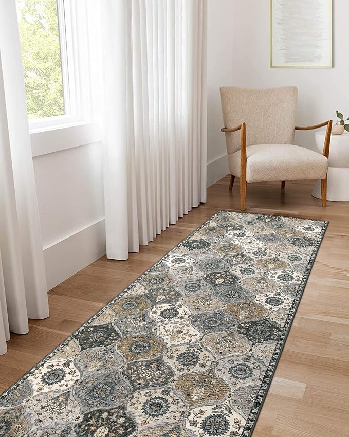 Lahome Moroccan Trellis Washable Runner Rug, 2x6 Runners for Hallways 6 Feet Non Slip Vintage Laundry Room Rug Vintage Ultra-Thin Long Carpet for Kitchen Bedroom Elise, Grey