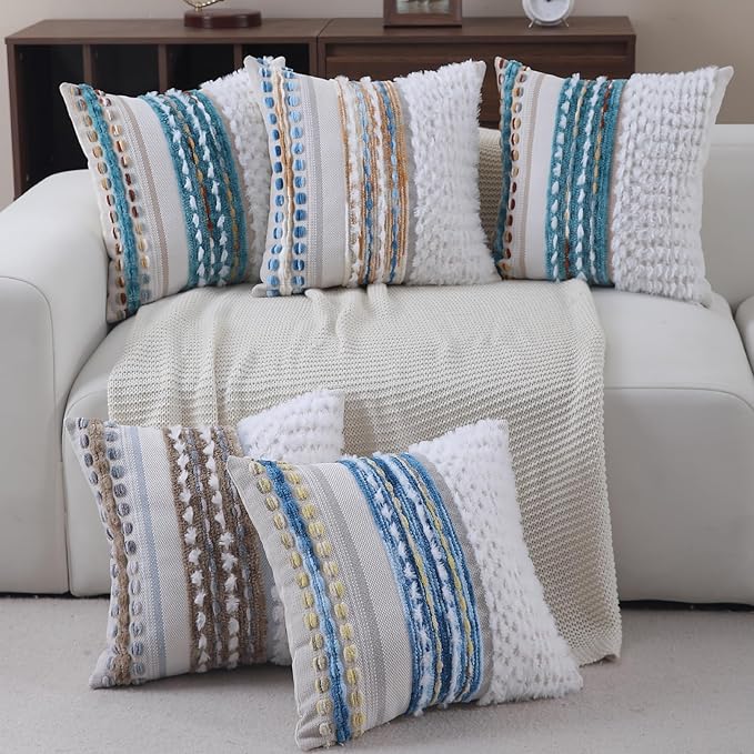 Boho Throw pillow covers 18x18 set of 2 farmhouse decorative Couch pillow covers neutral Accent throw pillows covers striped outdoor cushion covers square textured chenille pillow cases for sofa bed