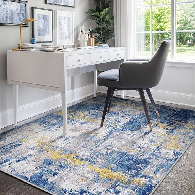 RELEANY Washable Area Rugs 6'x9' Non-Slip Modern Abstract Soft for Living Room Entryway Bedroom Nursery, Print Pattern, Grey Blue Gold/Golden