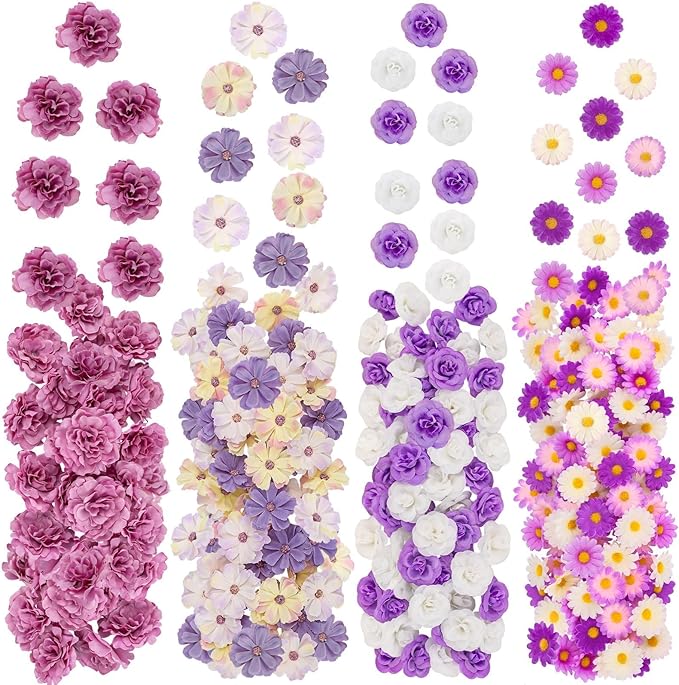 ATTGREAT 310 Pcs Fake Flower Heads Mini Artificial Flower Bulk Silk Flowers for Decoration Small Faux Flower Heads Fabric Daisy Buds Floral for Crafts DIY Wedding Party Baby Shower Home Decor, Purple