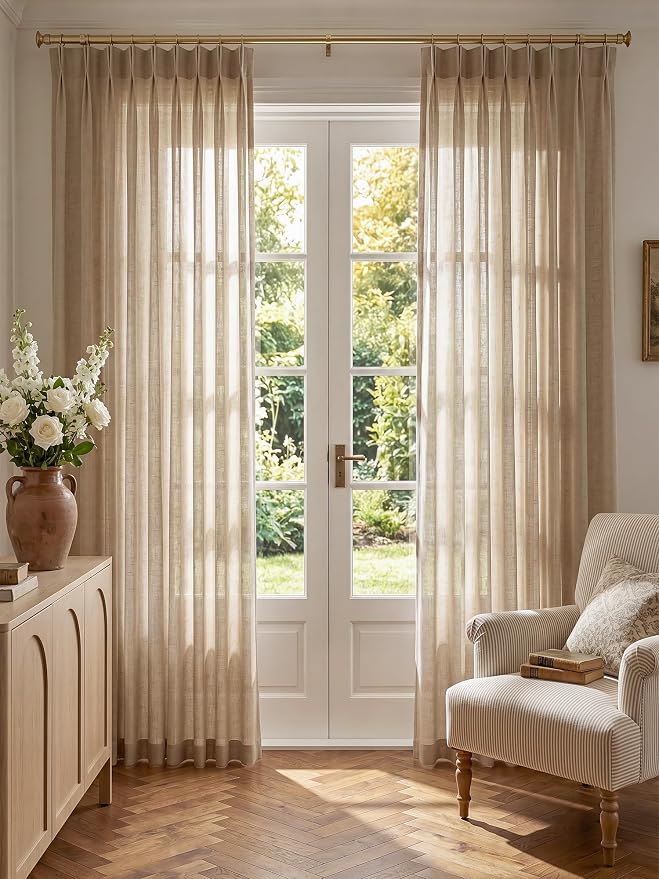 Liz Pinch Pleated Linen Curtains Light Filtering Curtains for Living Room, Farmhouse Window Curtains for Bedroom, Modern Drapes with Hooks and Rings, 72 Inches Long, Burlywood Birch, 2 Panels Set