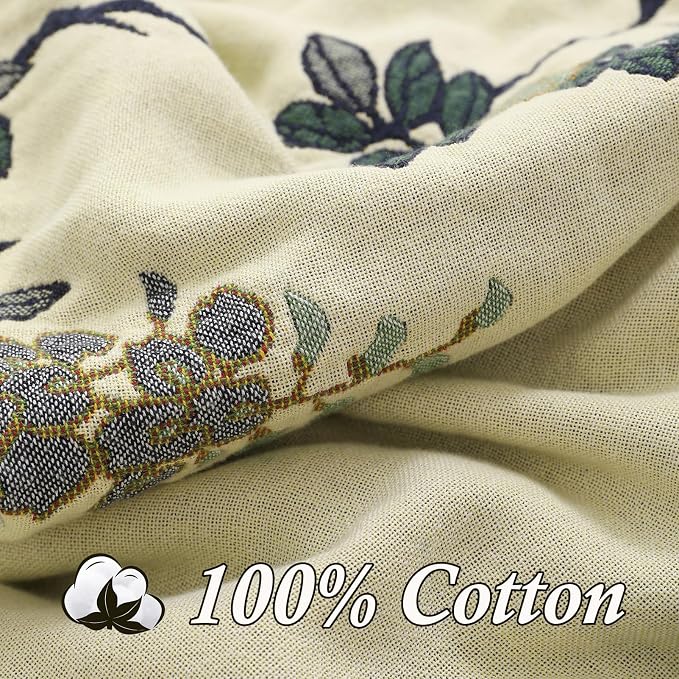 Snycler Boho Throw Blanket for Bed - 100% Cotton Ultra Soft Rustic Quilt Blanket Green Floral Bird Printed Farmhouse Decor Bed Blankets, 80"×90" All Season Rustic Throw for Sofa Chair Couch