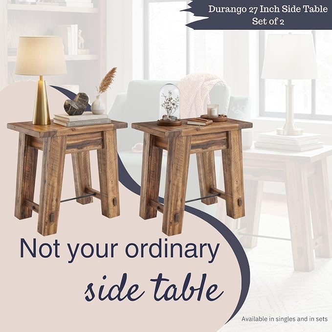 Alaterre Furniture Durango Solid Wood Side Tables, Set of 2, Natural Grain | Rustic Industrial Nightstand and End Tables, Storage Shelf, Metal Accent, 100lb Capacity, for Living Room, Bedroom, or Office