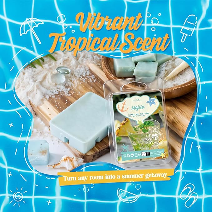 Summer Wax Melts Gift Set, Long Lasting Soy Scented Wax Cubes for Wax Warmers, Coconut, Pineapple, Watermelon, Mojito, Passion Fruit, Vanilla Ice Cream, Ocean Breeze, Fresh Cotton, 8x2.6 oz