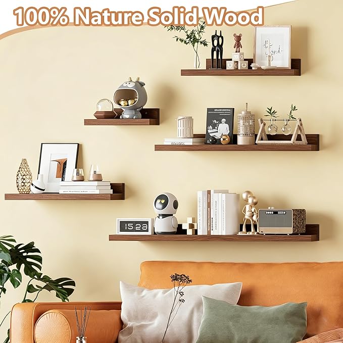 Yongscess Floating Shelves for Wall Set of 5, Floating Shelves Bathroom,30 in Natural Wood Book Shelf for Wall Mounted,Home Decor Display Shelf,Storage Shelves for Living Room,Bedroom,Kitchen(Walnut)