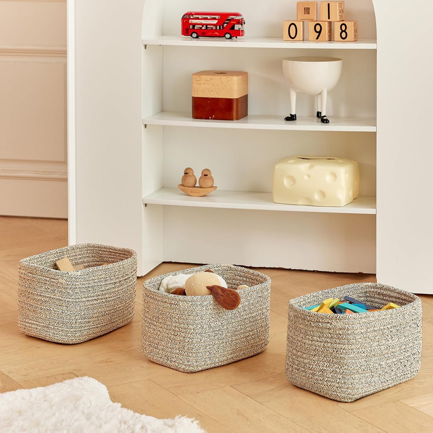 Small Cotton Rope Storage Basket Set of 3-11"x7"x7" Perfect Woven Baskets for Storage, Ideal Storage Baskets for Organizing Toys, Towels, and More - Baskets for Shelves and Home Decor（Beige）