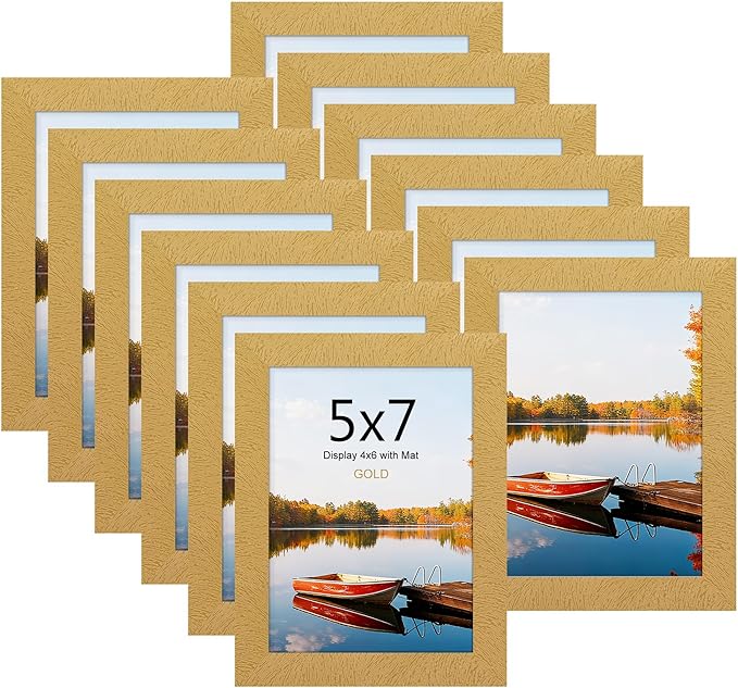 Picrit 5x7 Picture Frame Set of 12, Display 4x6 with Mat or 5x7 without Mat, Photo Frames for Wall Mounting or Table Top Display, Gold