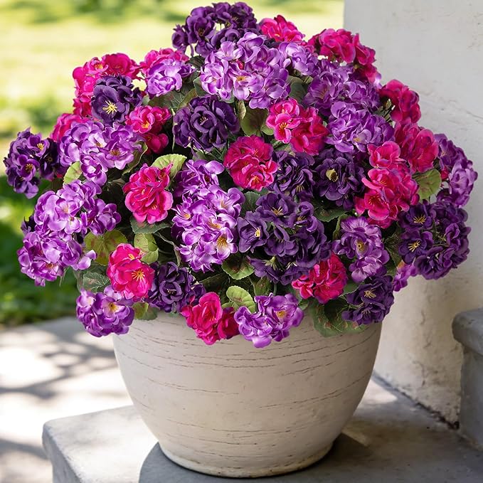 Ammyoo Artificial Geranium Flowers for Outdoors Decoration, Fake Silk Geraniums Flower UV Resistant Look Real Faux Plants for Spring Garden Porch Planter Patio Balcony Yard Table Centerpieces Decor
