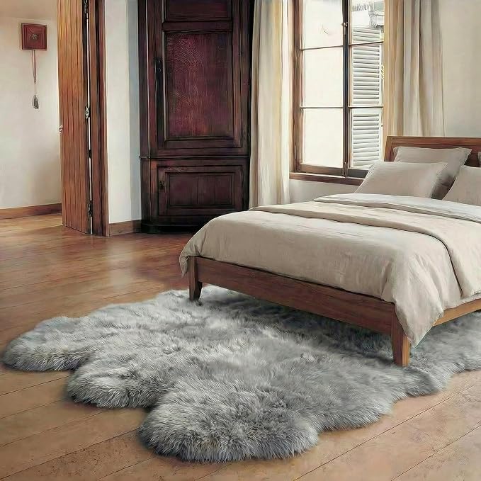 Super Area Rugs Premium Genuine Sheepskin Rug 5' x 6' Long Fur Soft & Natural Shaggy Living Room Rug, Silver Gray, Six Pelt